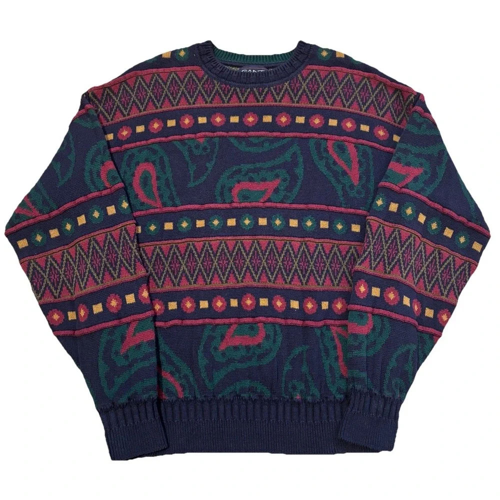 Vtg GANT Sweater Mens L Cotton 3D Knit Crewneck Geometric Paisley Grandpa Biggie